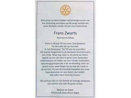 20 februari 2026, AD/Amersfoortse Courant: Rouwadvertentie Frans Zwarts