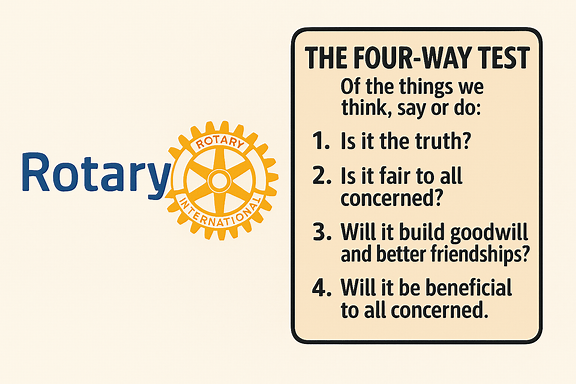 Pas de afbeelding aan zodat het binnenste gedeelte van het Rotary-tandwiel waar "Rotary International" staat transparant is, conform de officiële huisstijl. Combineer dit met een visuele weergave van de Nederlandstalige 4-Way Test, met vier symbolische iconen voor waarheid, billijkheid, vriendschap en voordeel voor allen.