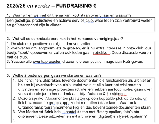The image illustrates a planning document for a fundraising event for RoS (Royal Rotary Service) for the years 2025-2026, outlining goals for the service club, project ideas, and strategies for successful events and document management.

Door AI gegenereerde inhoud is mogelijk onjuist.
